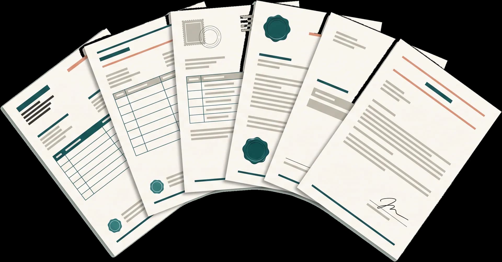 The seven export documents Ximverse generates, fanned out